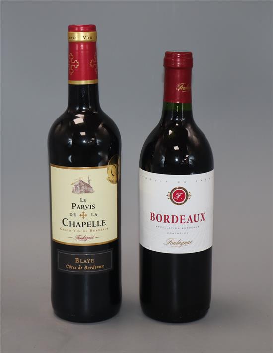 Three bottles of Le Parkis De La Chapelle and three Bordeaux Fontagnac